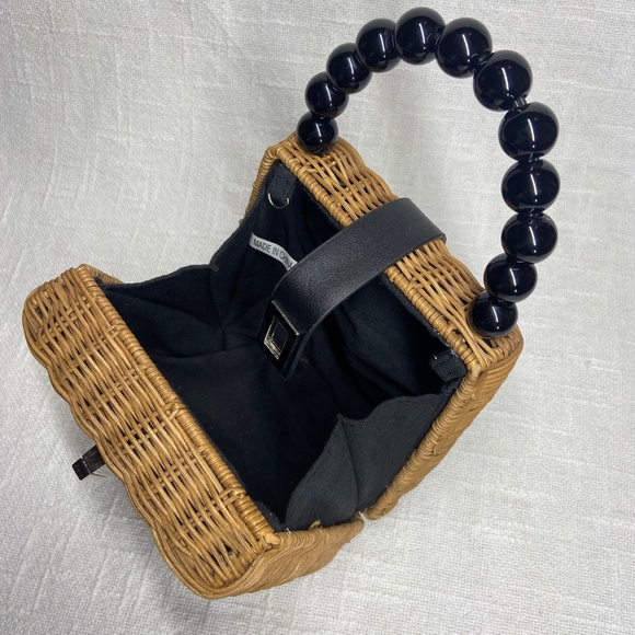 Small Straw Rattan Wicker Bag with Black Bead Handle & Twist Clasp Closure - Picture 9 of 13
